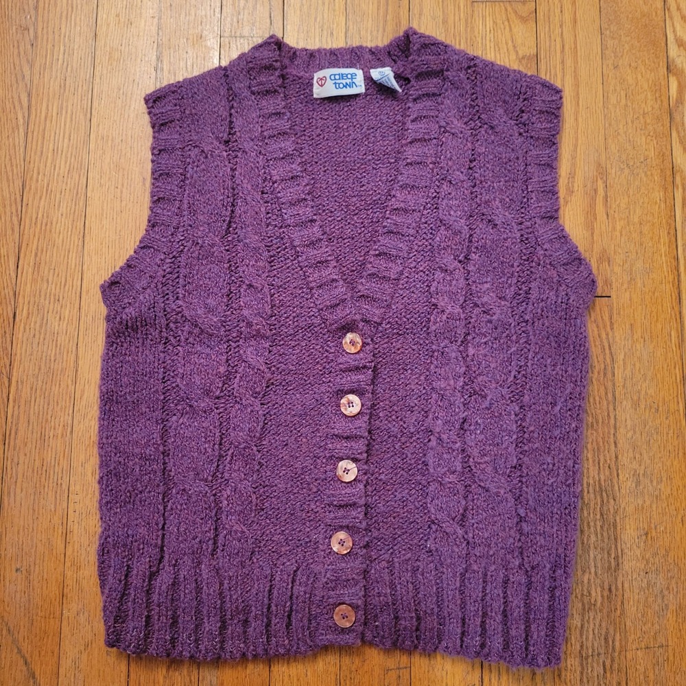 College Town‎ Vintage Purple Cable Knit Sweater Vest Academia M Granny Geek Nerd